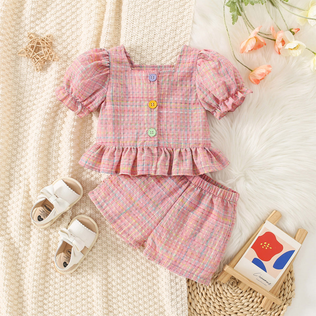 Girls Summer Plaid Top & Shorts Set
