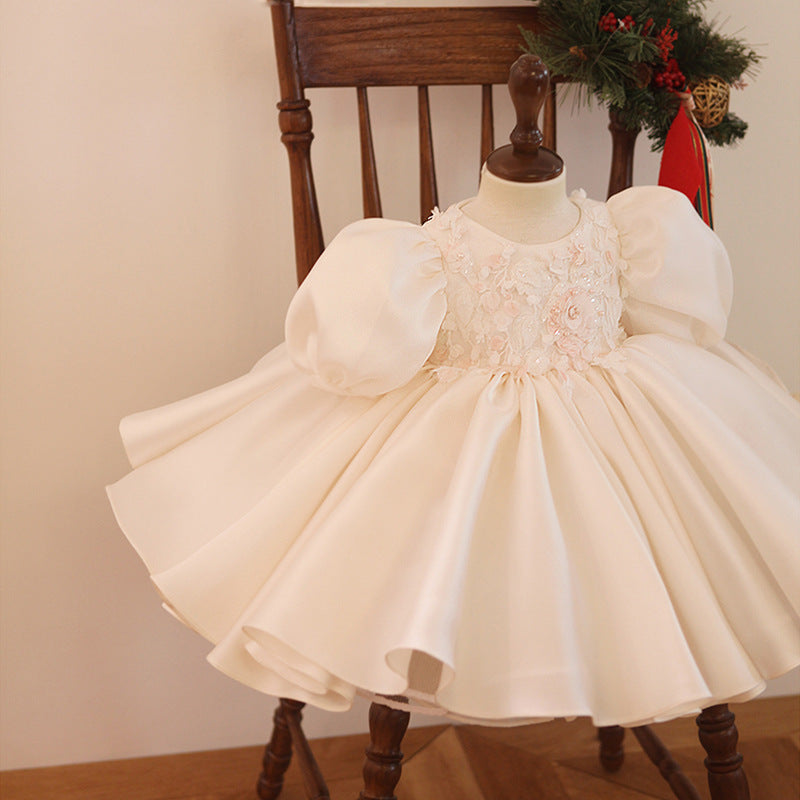 Baby Girl Luxury Satin Party Dress with Puffy Sleeves