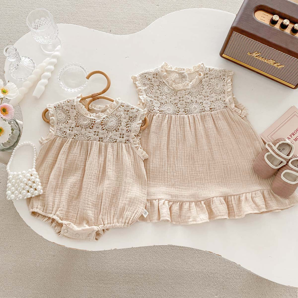 Baby Girl Waffle Lace Romper & Dress Set