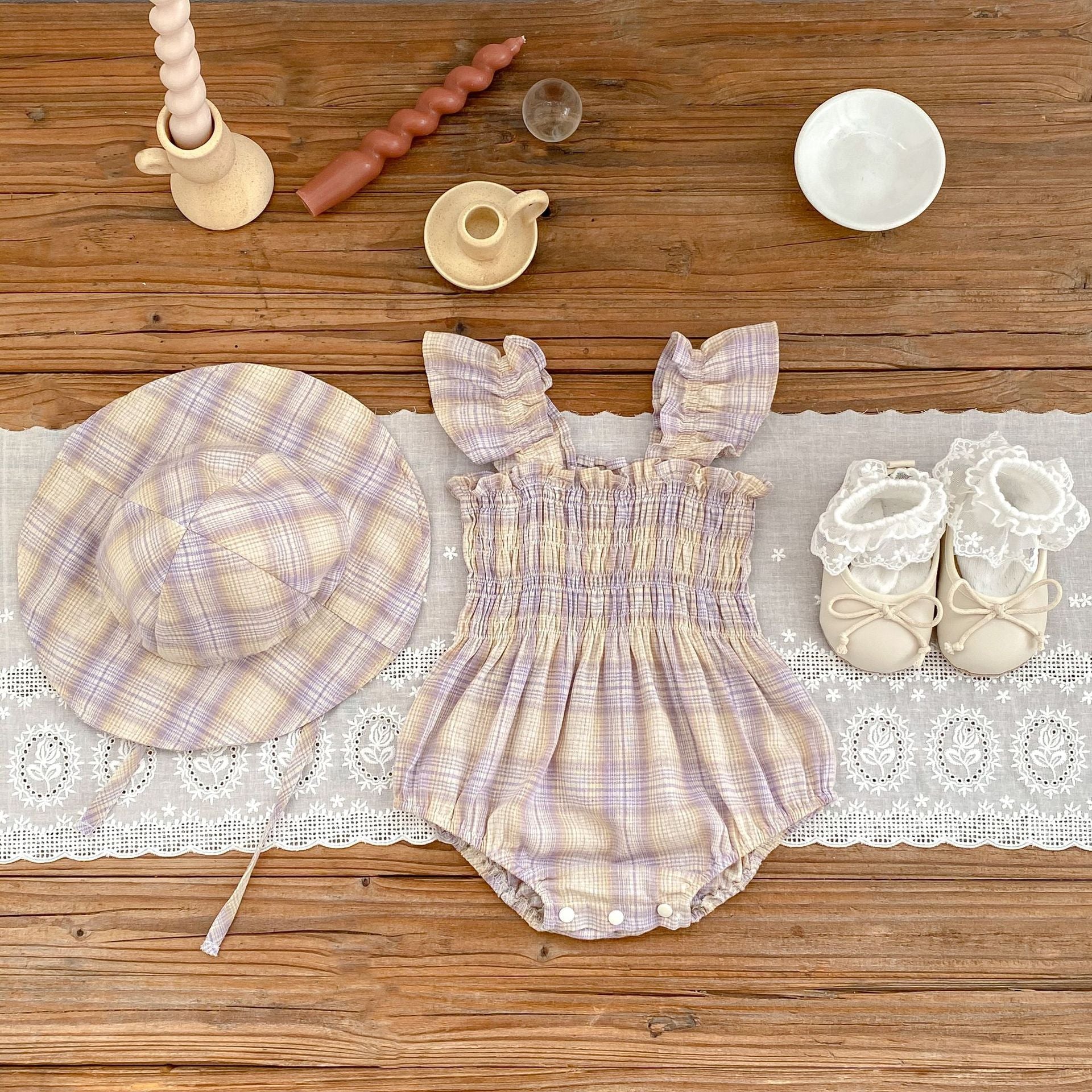 Baby Girl Summer Romper + Free Matching Hat | Plaid Design