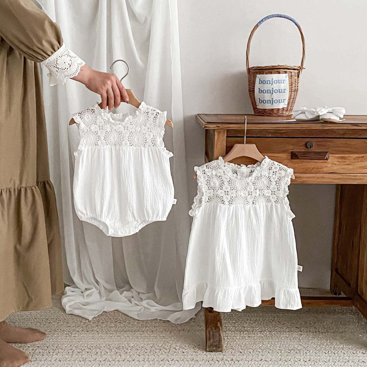 Baby Girl Waffle Lace Romper & Dress Set