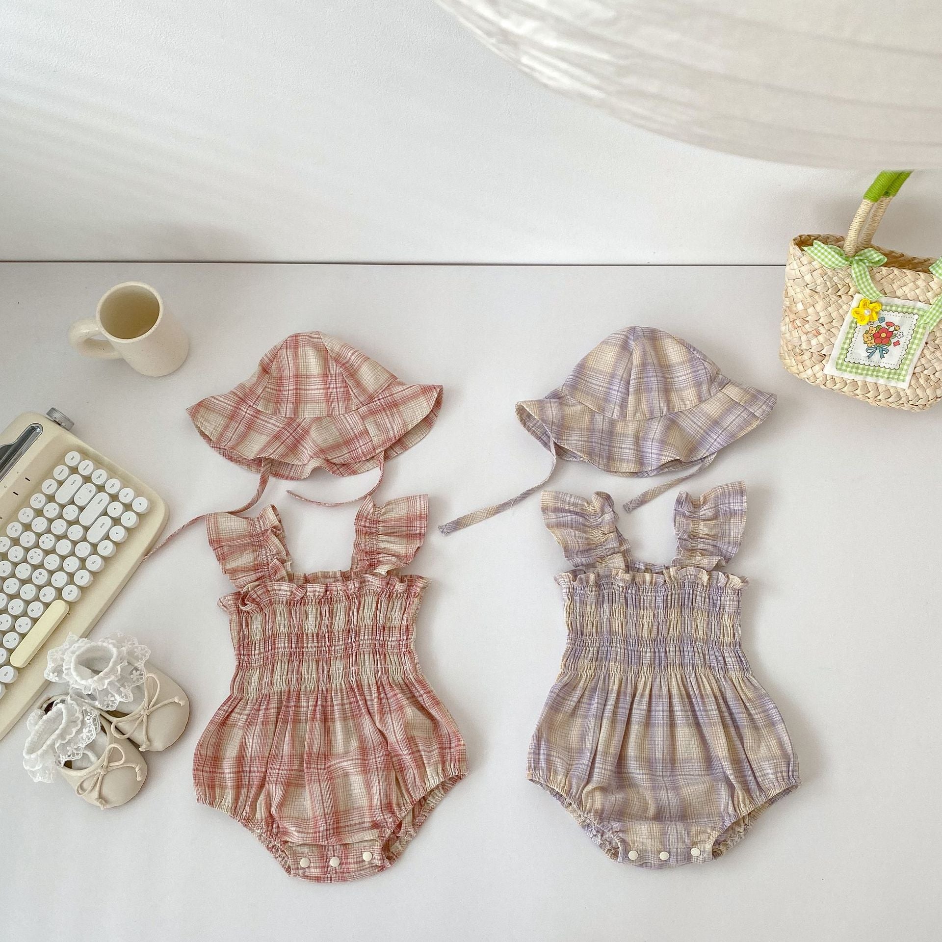 Baby Girl Summer Romper + Free Matching Hat | Plaid Design