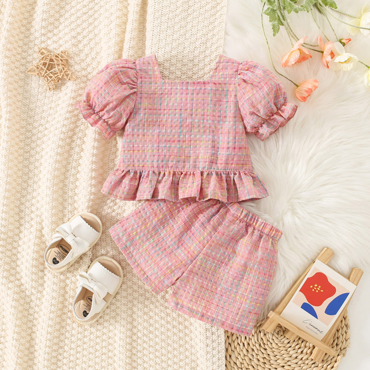 Girls Summer Plaid Top & Shorts Set