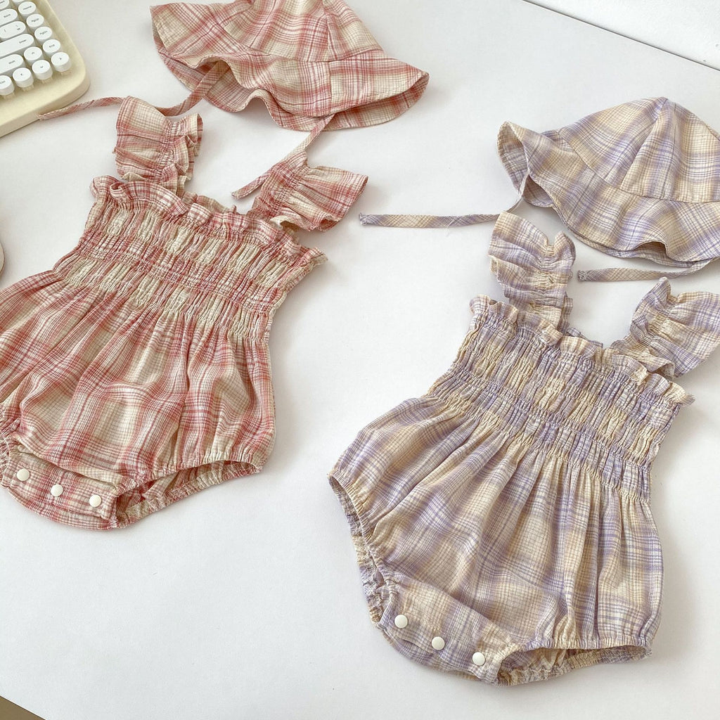 Baby Girl Summer Romper + Free Matching Hat | Plaid Design
