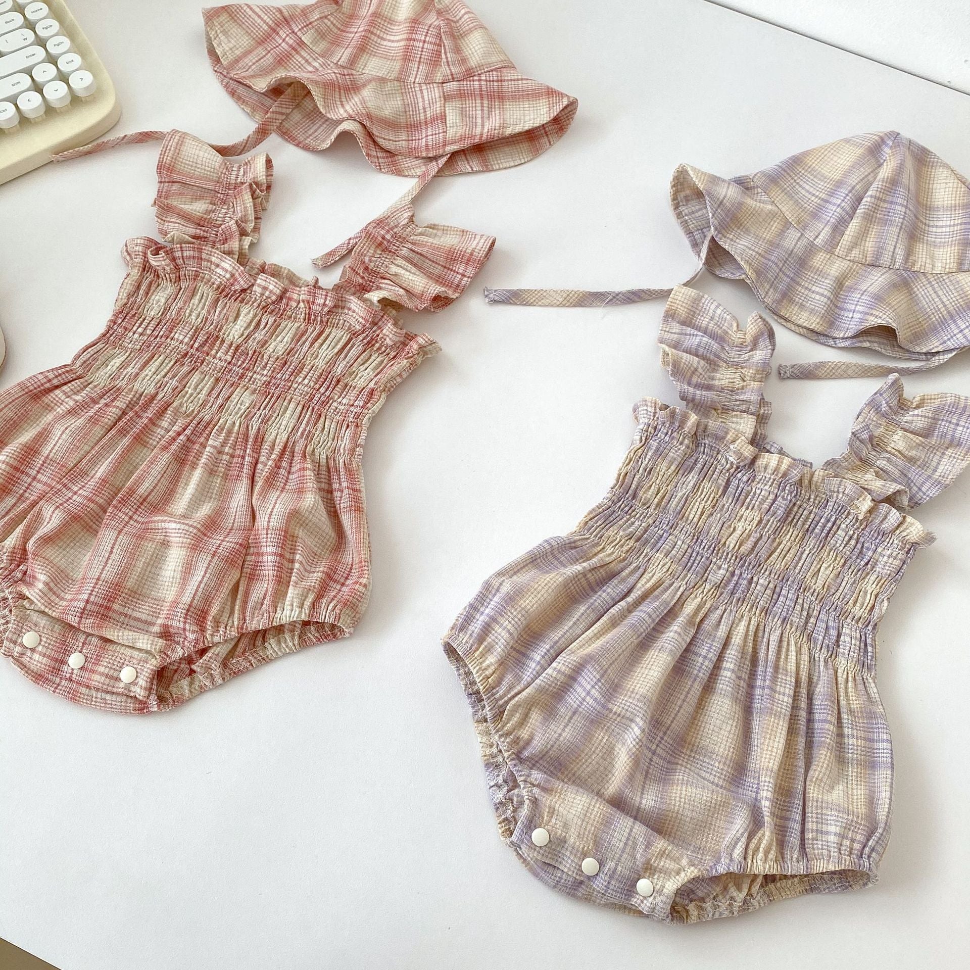 Baby Girl Summer Romper + Free Matching Hat | Plaid Design