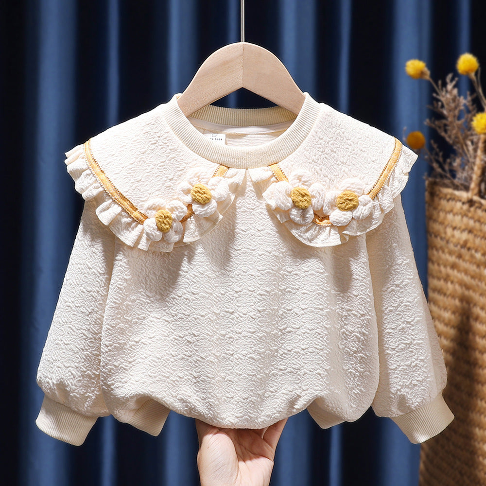 Girls’ Fleece-lined Winter Sweater with 3D Bow & Floral Applique