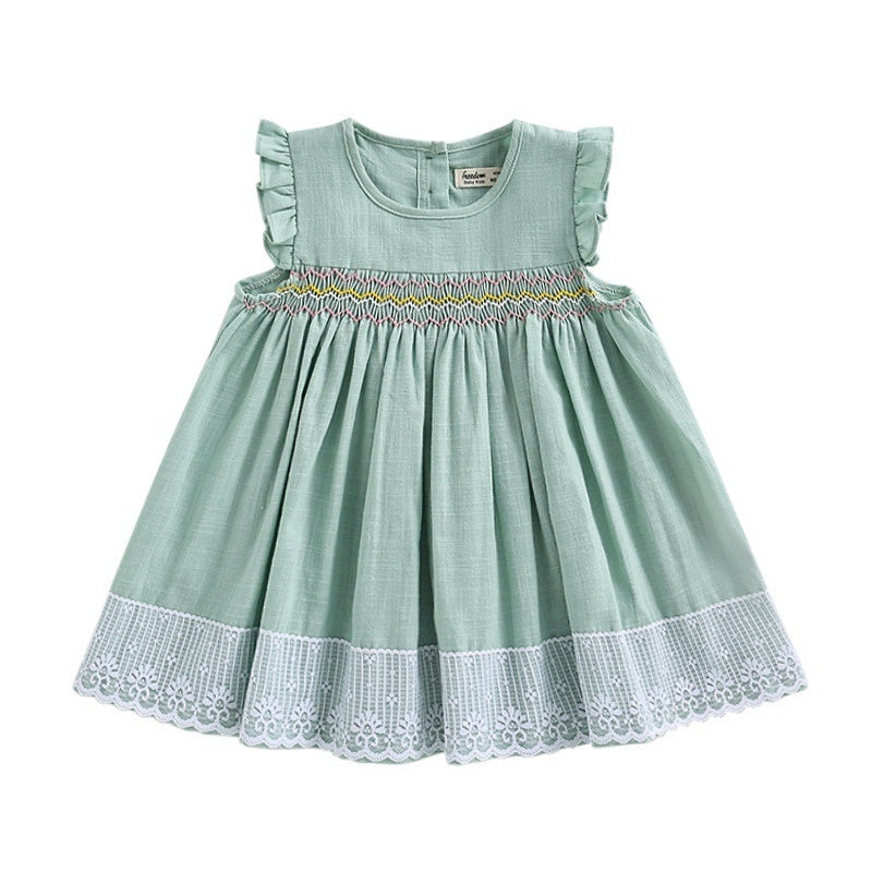 Baby Girl Smocked Cotton Dress with Lace Trim