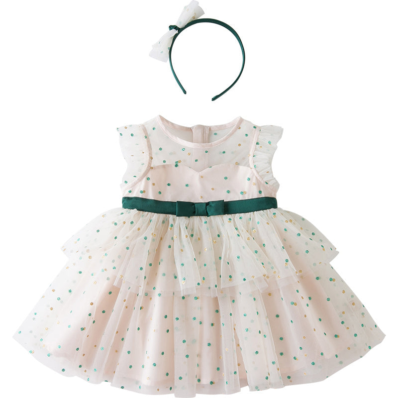 Baby Girl Summer Polka Dot Tulle Dress with Green Bow & Hairband
