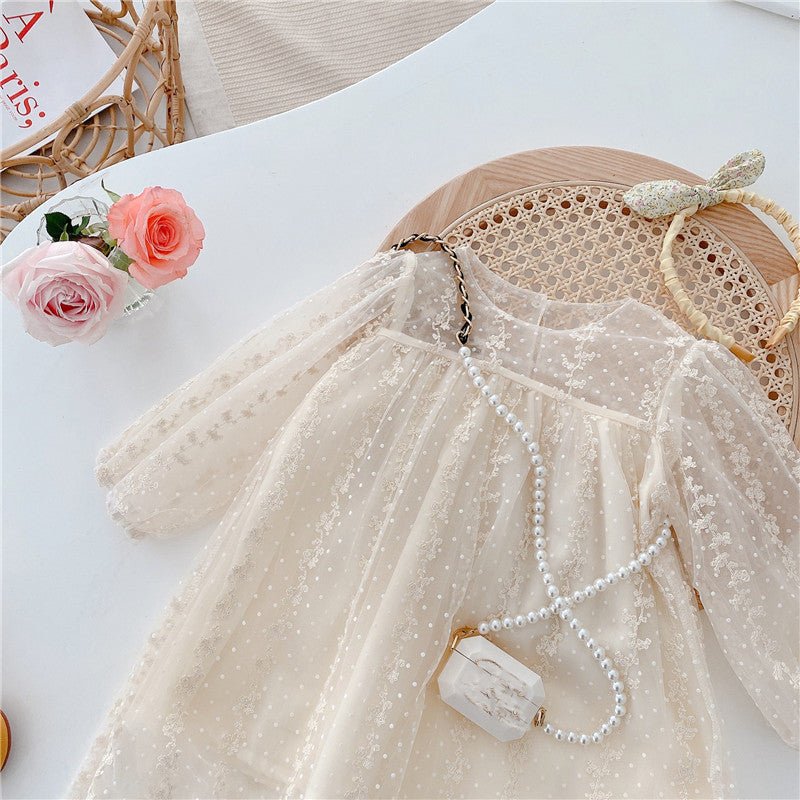 Girls Long Sleeve Lace Tulle Dress - Elegant Party Style