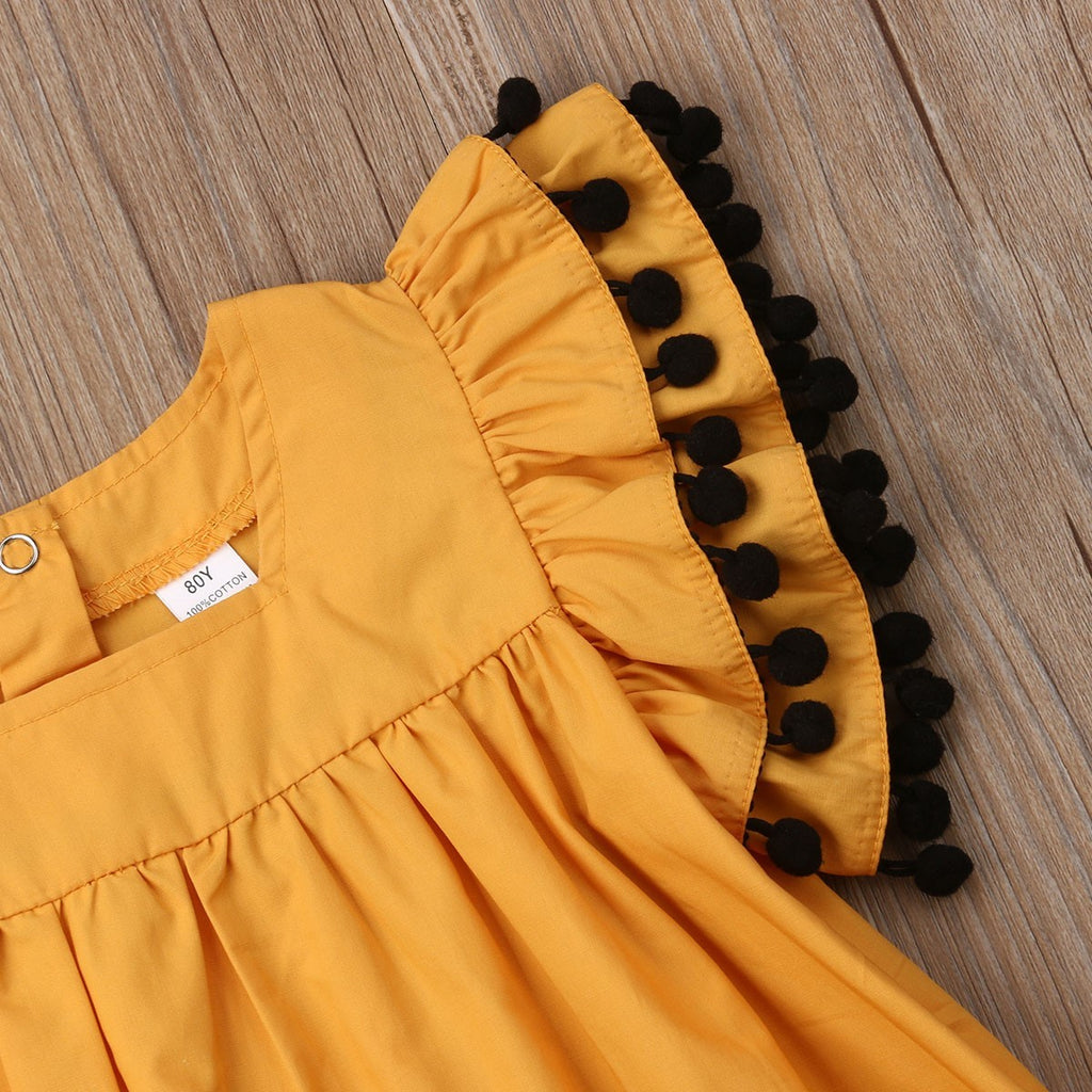 Baby Girl Ruffle Sleeve Cotton Dress with Pom Pom Trim