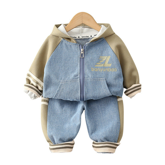 Boys’ Denim & Hoodie Two-Piece Set - Casual Autumn Outfit