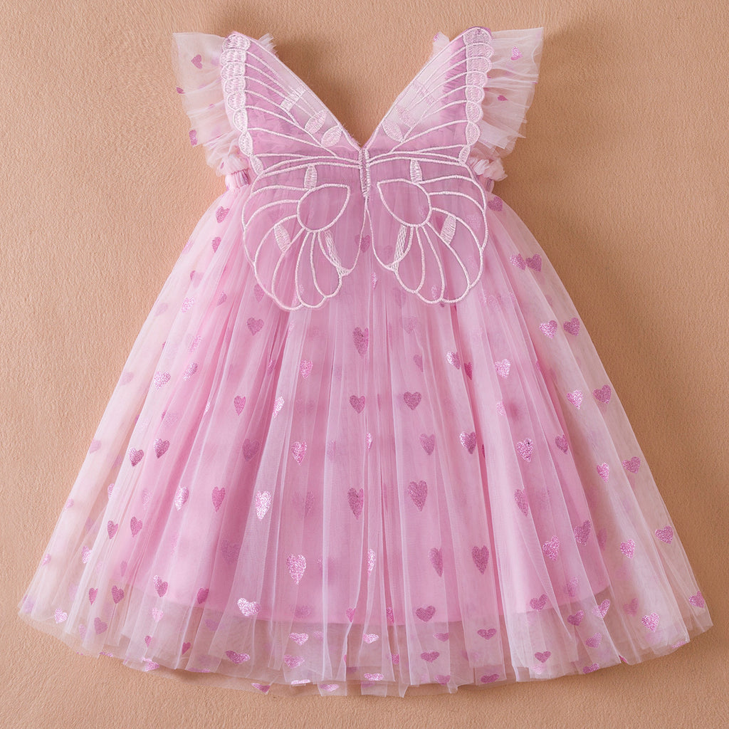 Blue Butterfly Wings Tulle Dress for Girls with Heart Prints