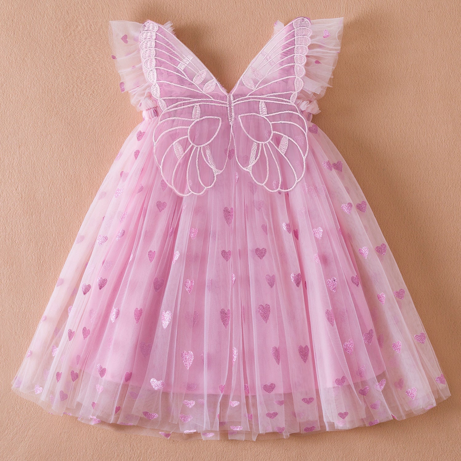 Blue Butterfly Wings Tulle Dress for Girls with Heart Prints