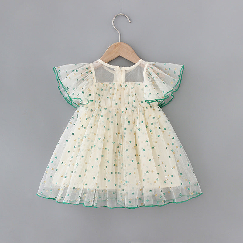 Girls’ Polka Dot Tulle Party Dress with Green Piping