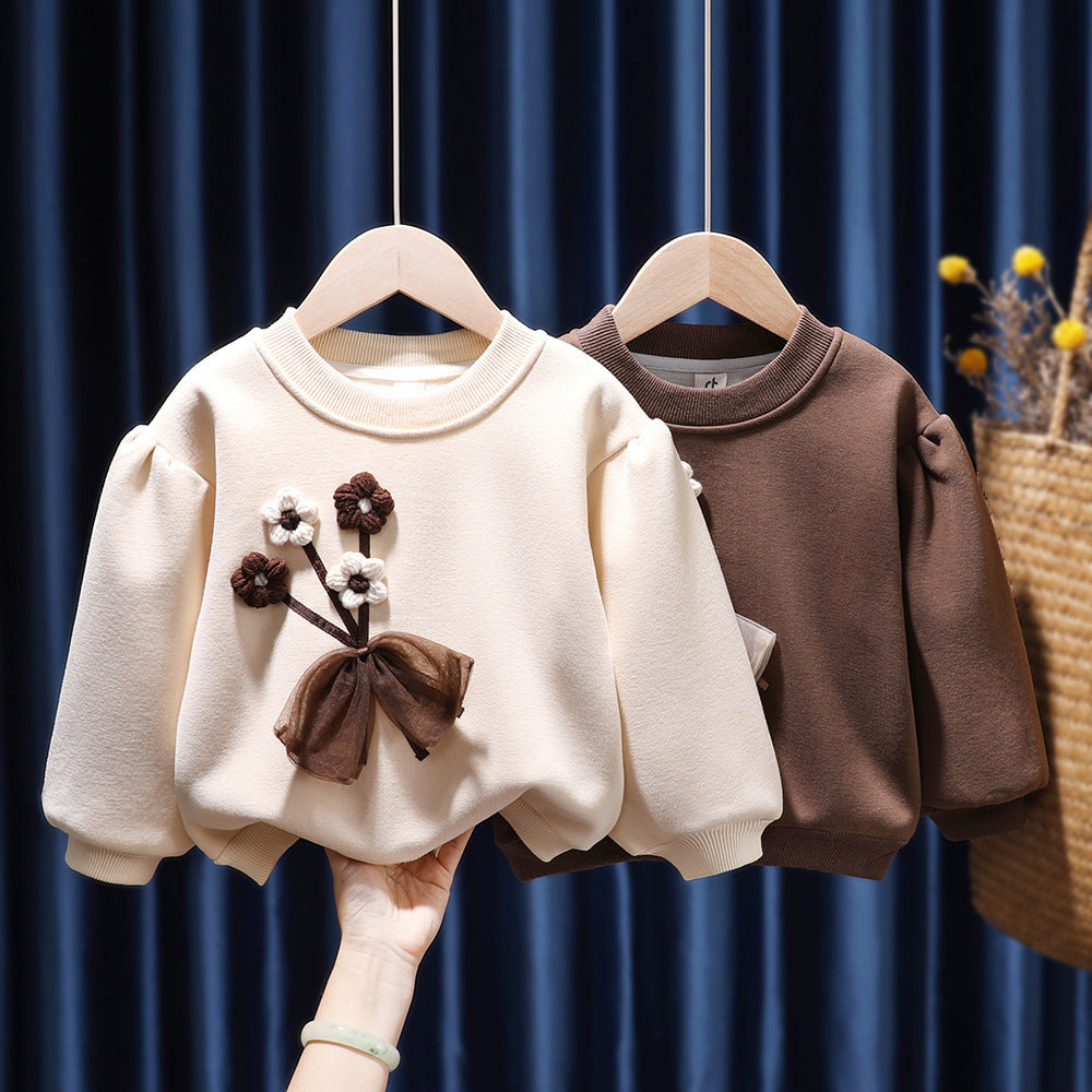 Girls’ Fleece-lined Winter Sweater with 3D Bow & Floral Applique