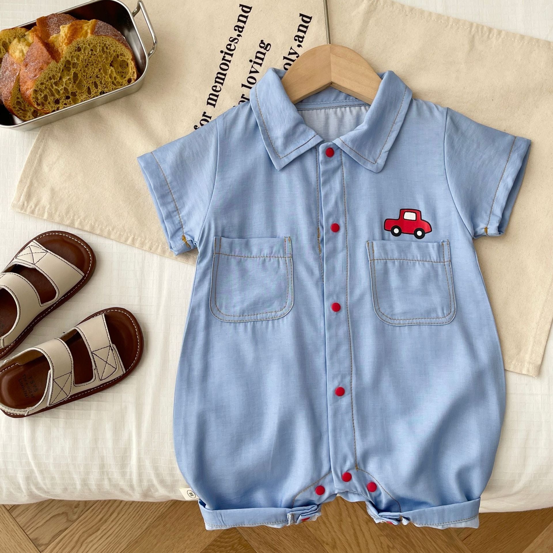 Baby Boy Summer Romper - Short Sleeve with Cartoon Car Design