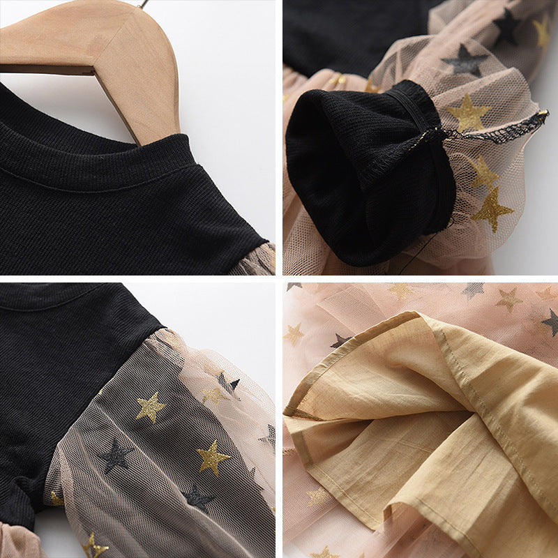 Girls’ Star Mesh Party Dress with Crown