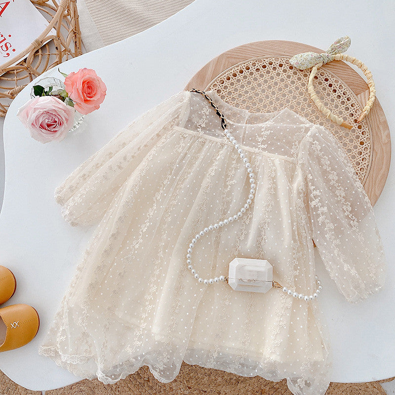 Girls Long Sleeve Lace Tulle Dress - Elegant Party Style