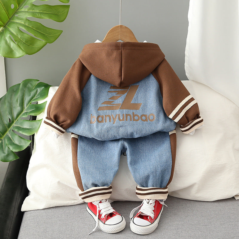 Boys’ Denim & Hoodie Two-Piece Set - Casual Autumn Outfit
