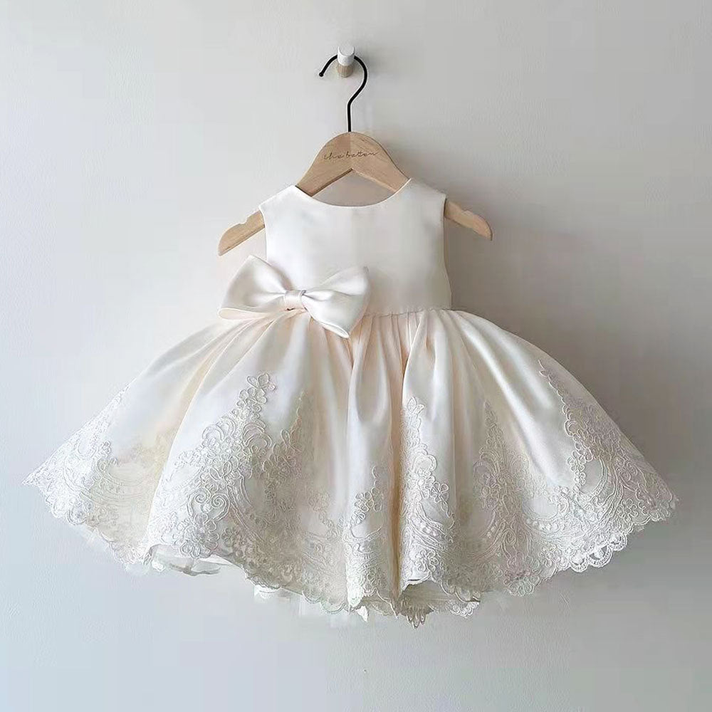 Pure Color Girls Dress Dress Long Bow Princess Dress