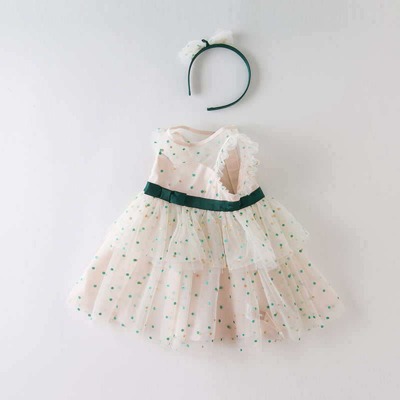 Baby Girl Summer Polka Dot Tulle Dress with Green Bow & Hairband