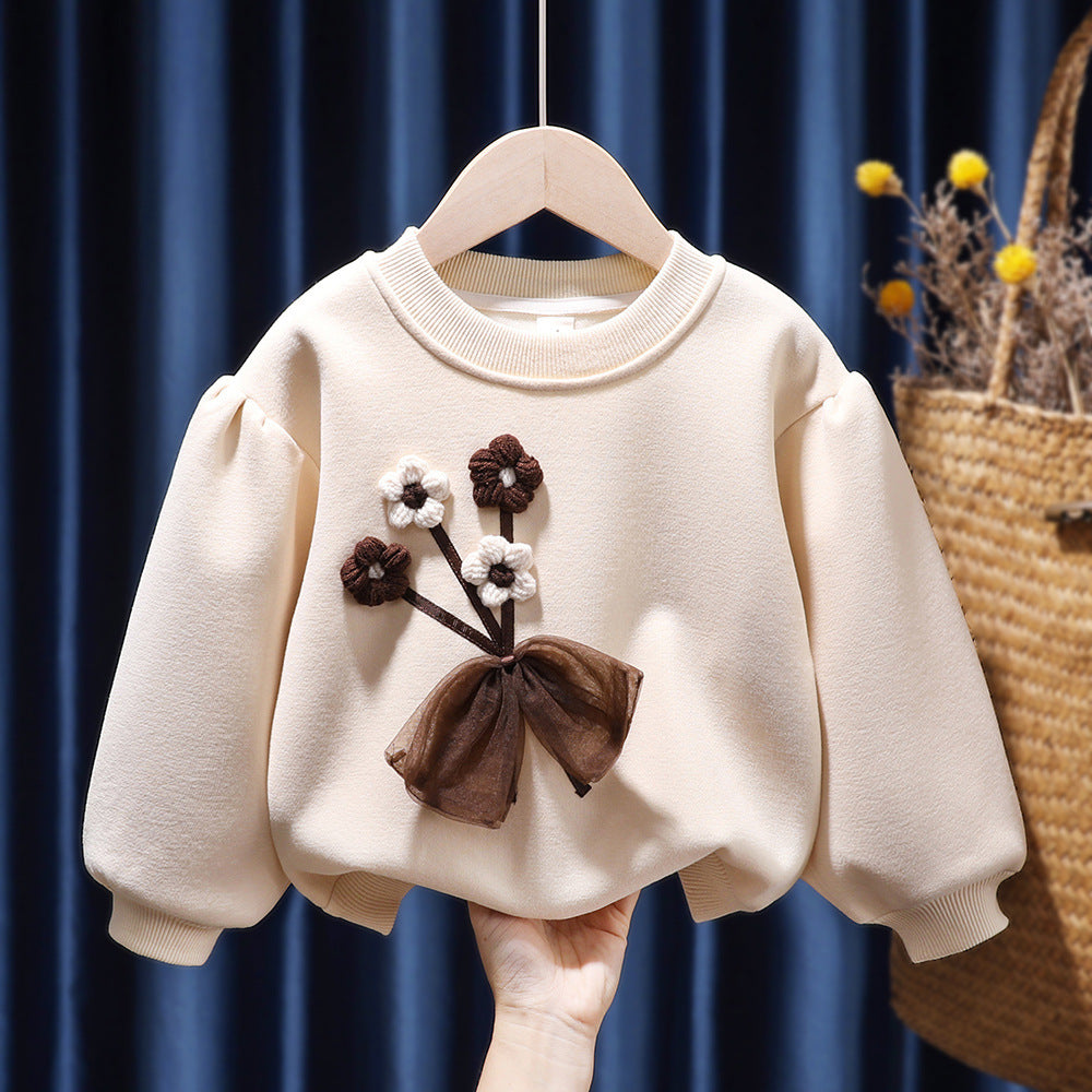 Girls’ Fleece-lined Winter Sweater with 3D Bow & Floral Applique