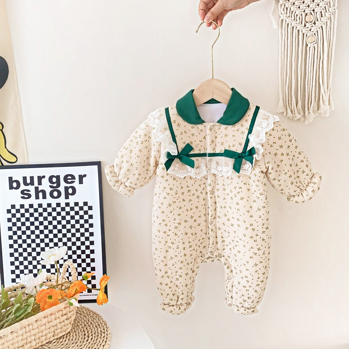 Warm Baby Girl Cotton Romper - Long Sleeve with Elegant Lace