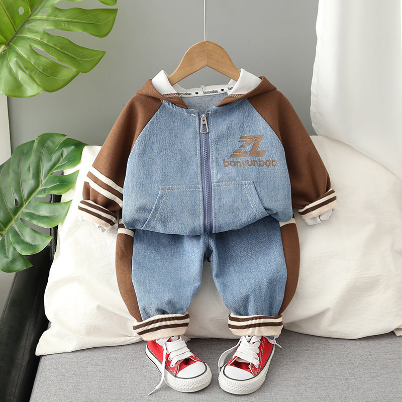 Boys’ Denim & Hoodie Two-Piece Set - Casual Autumn Outfit