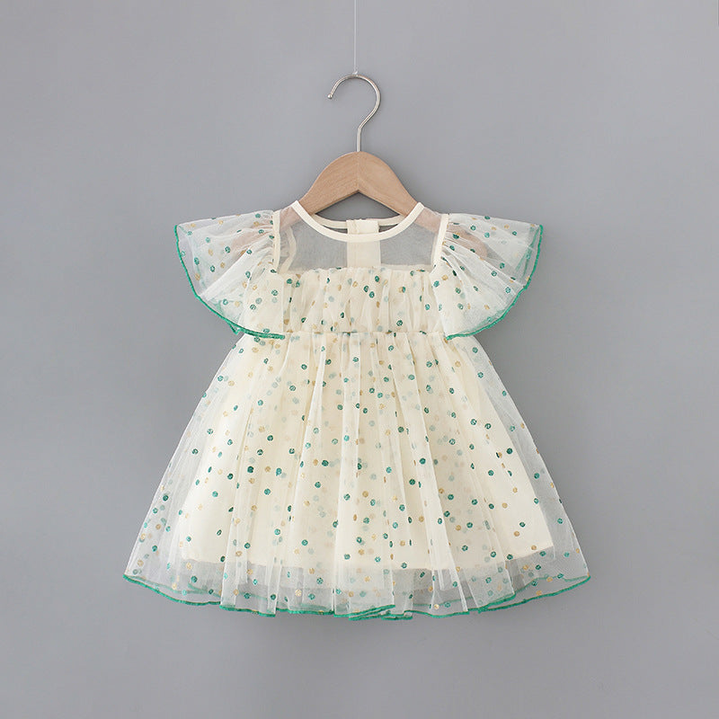 Girls’ Polka Dot Tulle Party Dress with Green Piping