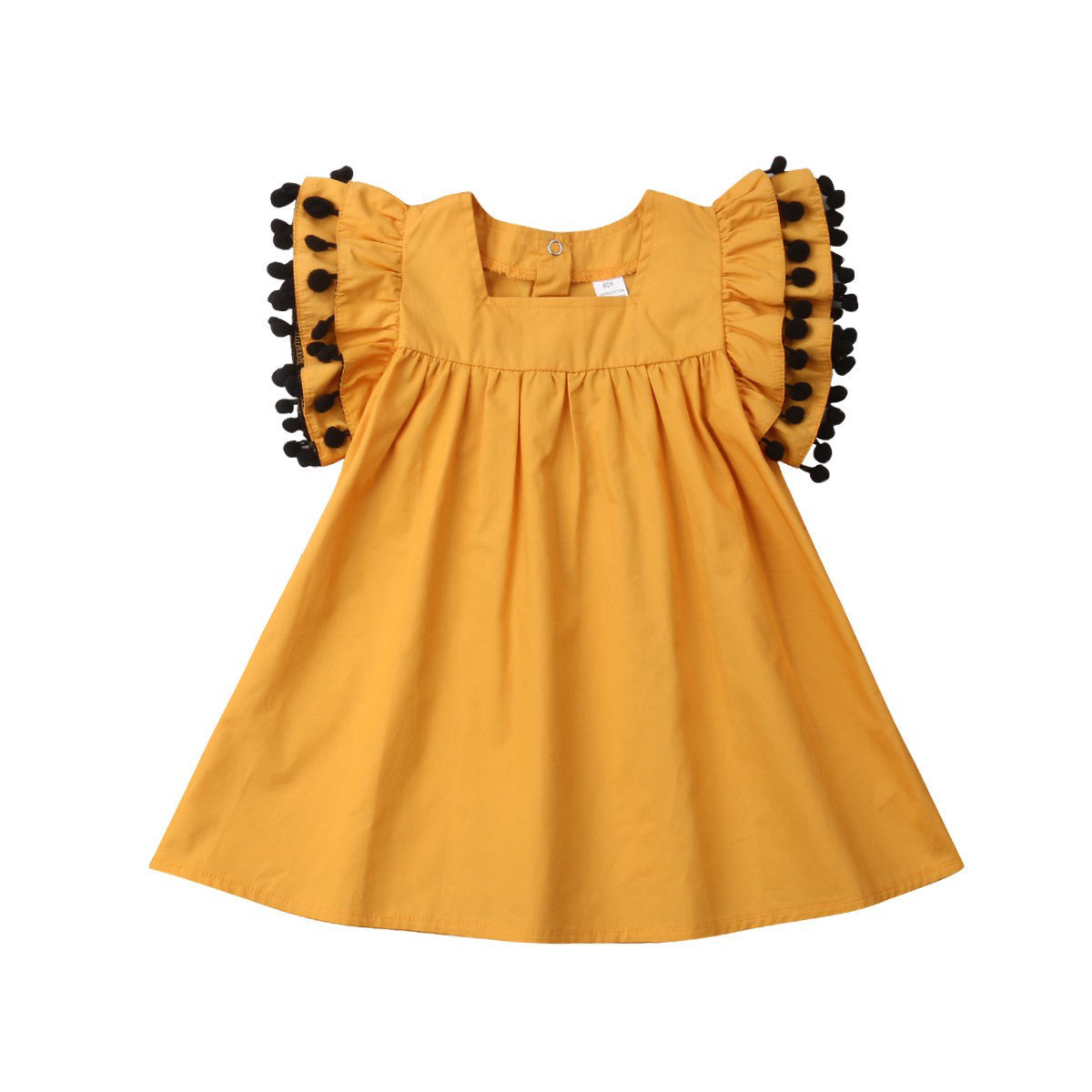 Baby Girl Ruffle Sleeve Cotton Dress with Pom Pom Trim