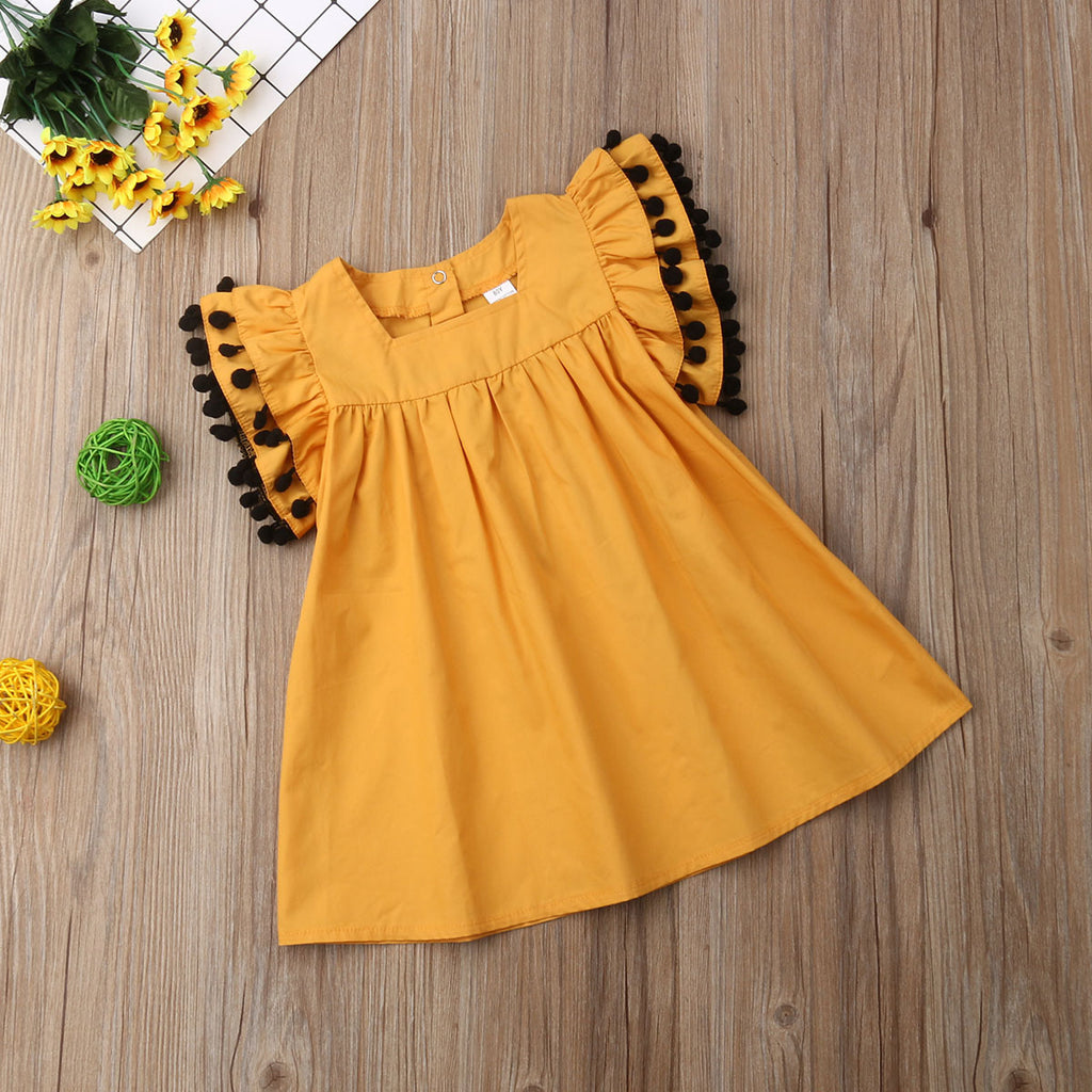 Baby Girl Ruffle Sleeve Cotton Dress with Pom Pom Trim